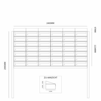Brievenbussysteem van 42 brievenbussen met dak en statief