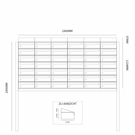 Brievenbussysteem van 42 brievenbussen met dak en statief